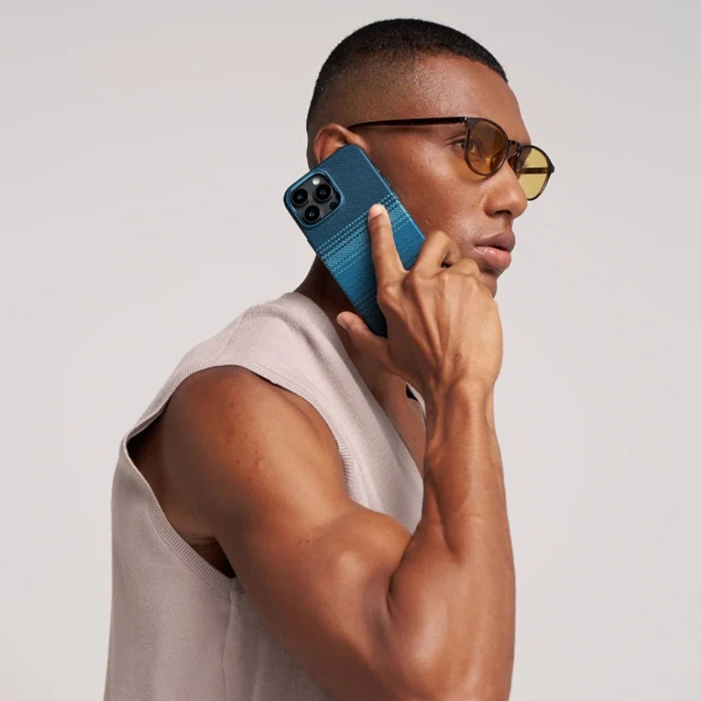 iPhone 16 Pro Kılıf Magsafe Şarj Özellikli Aramid Fiber Pitaka Military-Grade Sunset-Moonrise Serisi Moonrise Kılıf Mavi