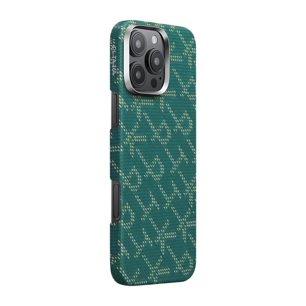 Apple iPhone 16 Pro Kılıf M-safe Şarj Özellikli Aramid Fiber Pitaka Tactile Woven Monogram Serisi Kapak Siyah