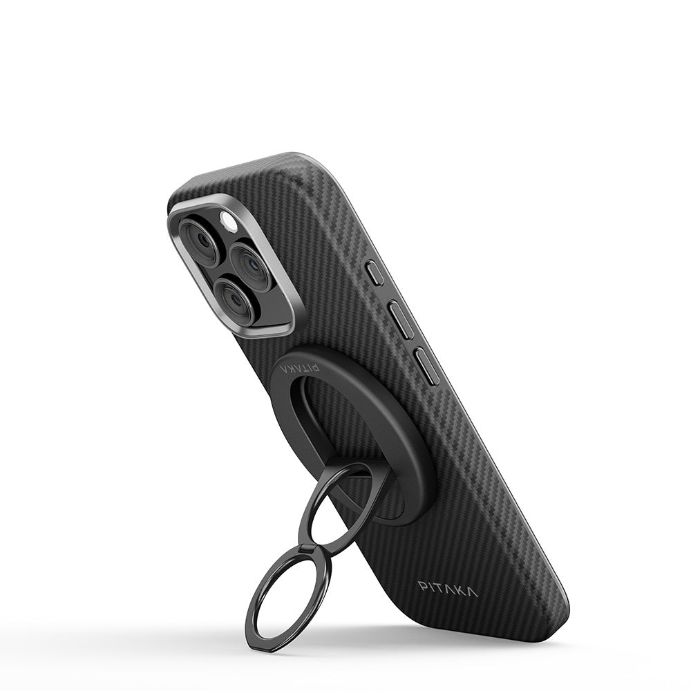 iPhone 16 Pro Kılıf Magsafe Şarj Özellikli Grip 3 Standlı Aramid Fiber Pitaka Military Grade Classic Serisi Black-Grey Twill Kılıf Siyah-Gri