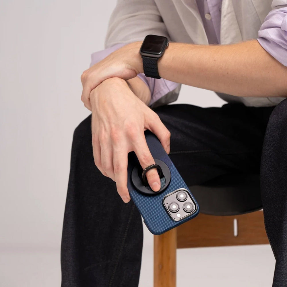 iPhone 16 Pro Kılıf Magsafe Şarj Özellikli Grip 3 Standlı Aramid Fiber Pitaka Tactile Woven Sunset-Moonrise Serisi Moonrise Kılıf Mavi