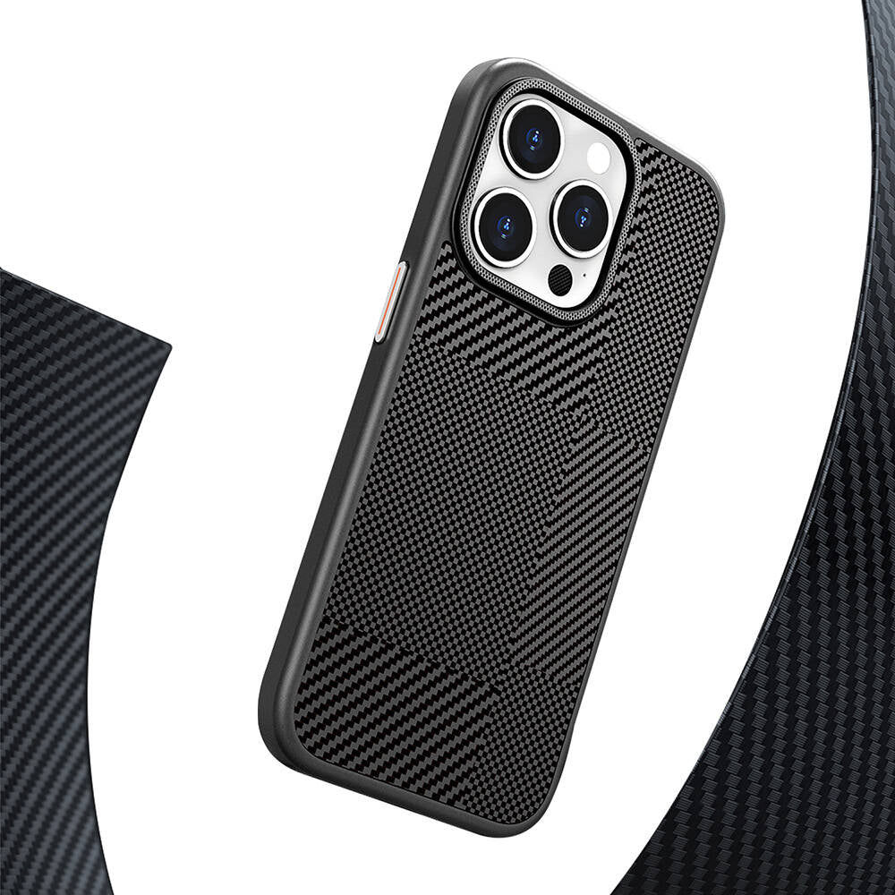 iPhone 16 Pro Kılıf Magsafe Şarj Özellikli Karbon Fiber Desenli Mutural Montage Kılıf Kahverengi