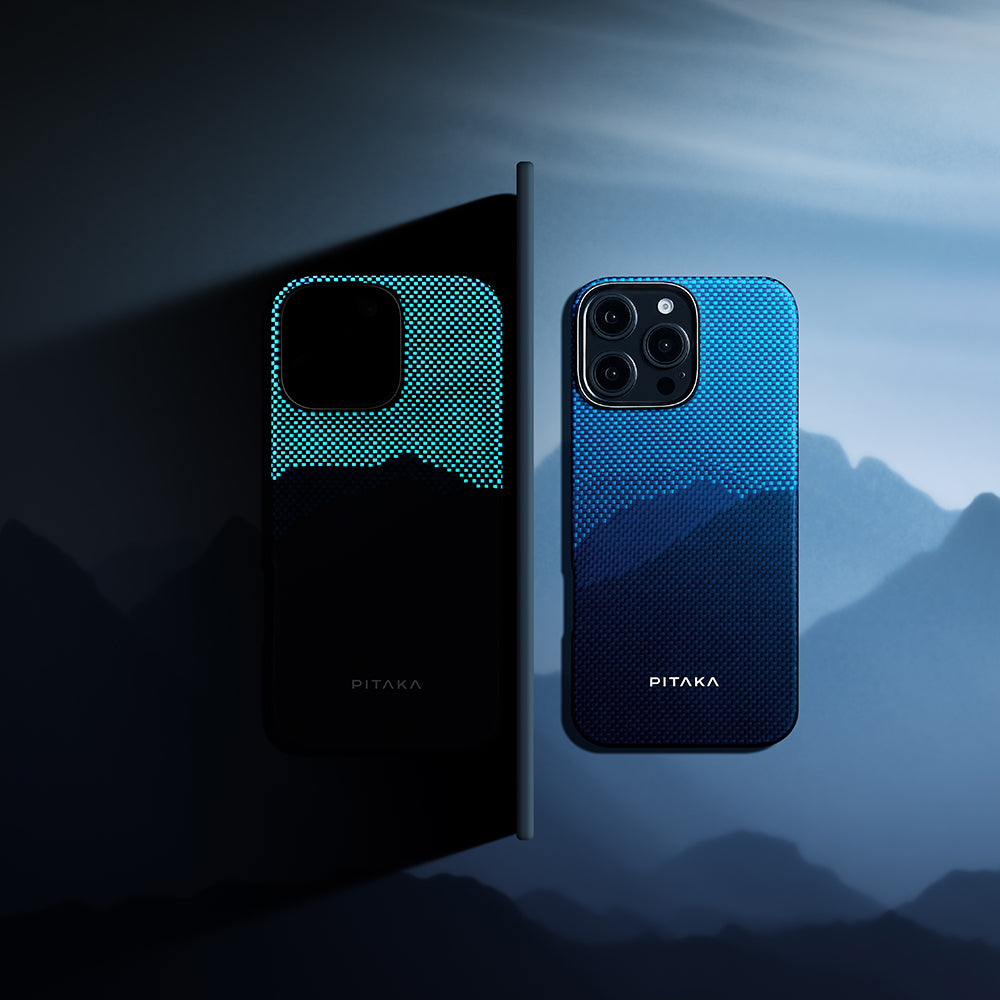 Apple iPhone 16 Pro Kılıf M-safe Şarj Özellikli Lumintex Teknolojili Fosforlu Özellikli Aramid Fiber Pitaka Tactile Woven Starpeak Serisi Over The Horizon Kapak Mavi