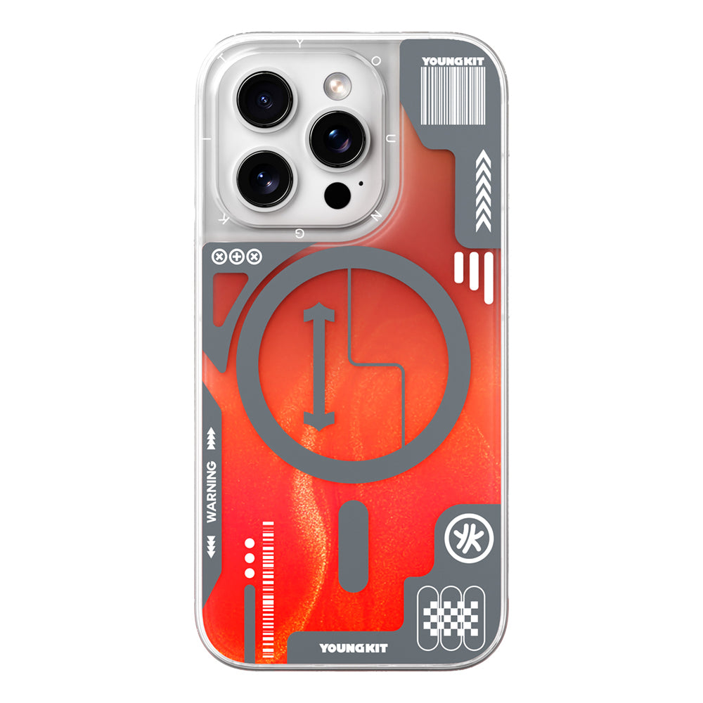 iPhone 16 Pro Kılıf Magsafe Şarj Özellikli Parlak Kumlu Sıvılı Tasarımlı Galaxy Fantasy Serisi Kılıf Turuncu