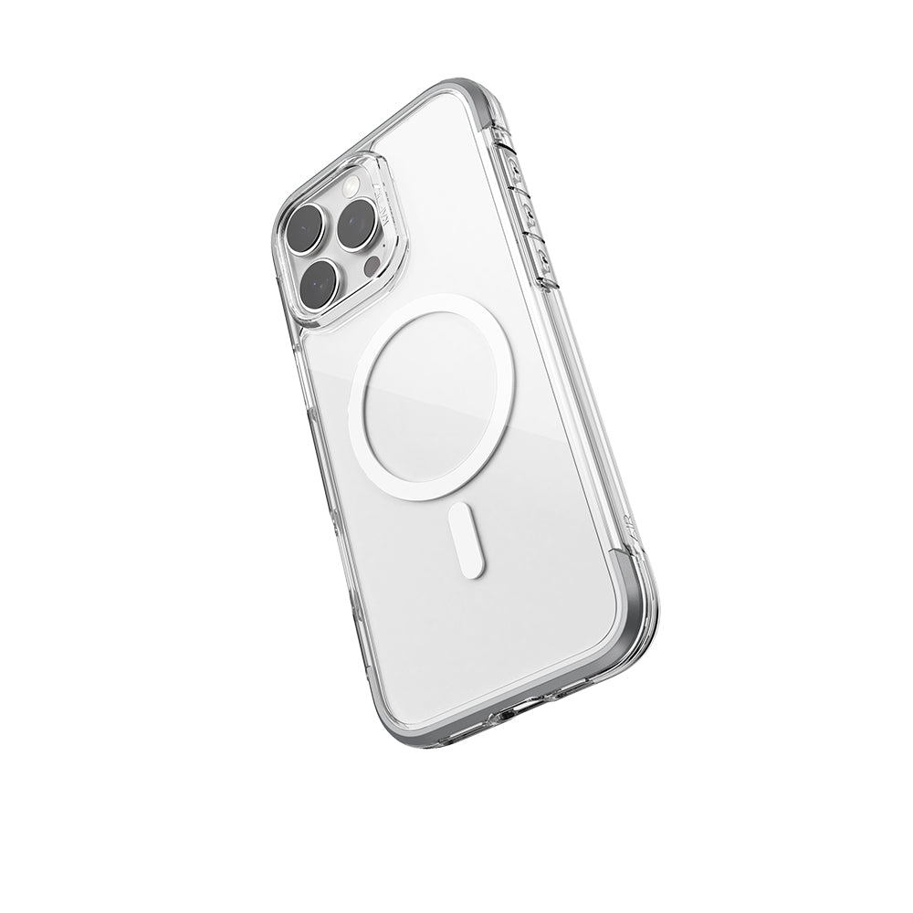 Apple iPhone 16 Pro Kılıf M-safe Şarj Özellikli Raptic Air Serisi Airbag Tasarımlı Metal Köşelikli Şeffaf Kapak Gümüş