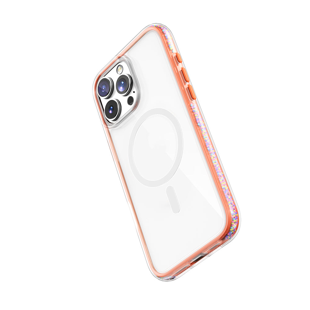 Apple iPhone 16 Pro Kılıf M-safe Şarj Özellikli Raptic AirJoy Serisi Boncuk Tasarımlı Şeffaf Kapak Turuncu