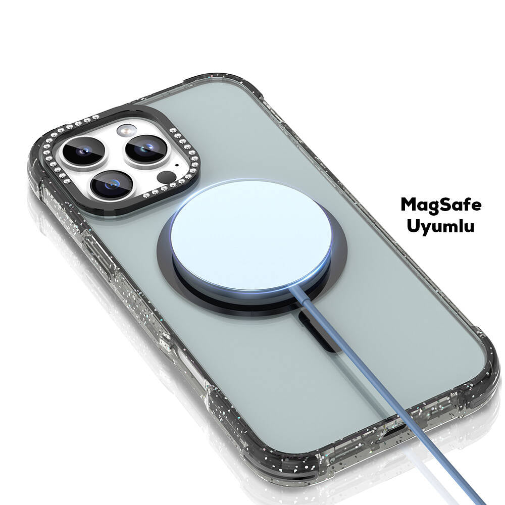 iPhone 16 Pro Kılıf Magsafe Şarj Özellikli Taşlı ve Simli Tasarım Mutural Blink Kılıf Pembe