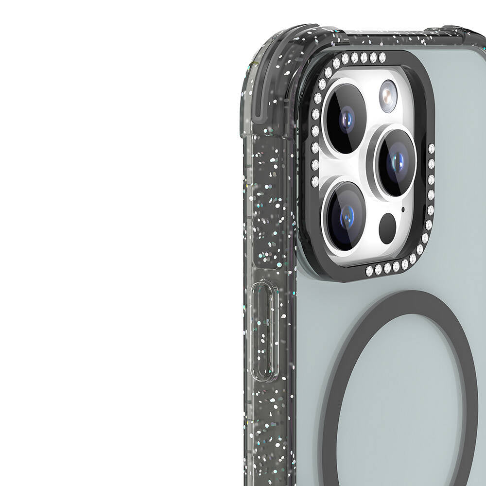 iPhone 16 Pro Kılıf Magsafe Şarj Özellikli Taşlı ve Simli Tasarım Mutural Blink Kılıf Şeffaf