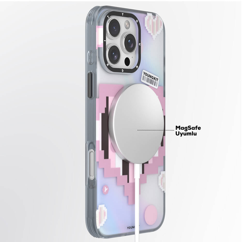 iPhone 16 Pro Kılıf Magsafe Şarj Özellikli Youngkit Love Serisi Kılıf Pembe