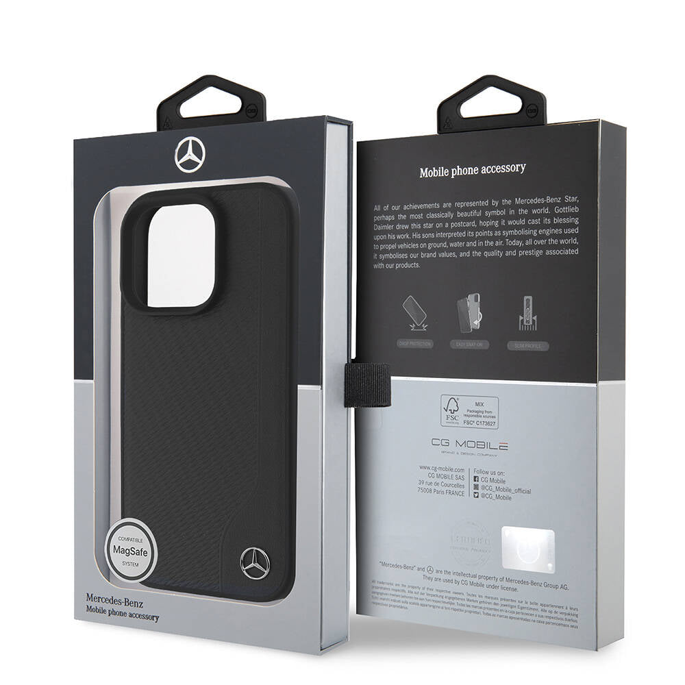 iPhone 16 Pro Kılıf Mercedes Benz Orjinal Lisanslı Magsafe Şarj Özellikli 3D Metal Logolu Wood Imitation Deri Kılıf Siyah