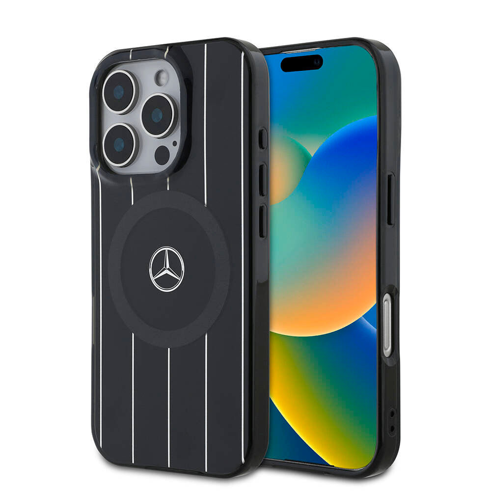 iPhone 16 Pro Kılıf Mercedes Benz Orjinal Lisanslı Magsafe Şarj Özellikli Çift Katmanlı Paralel Çizgi Desenli Kılıf Siyah