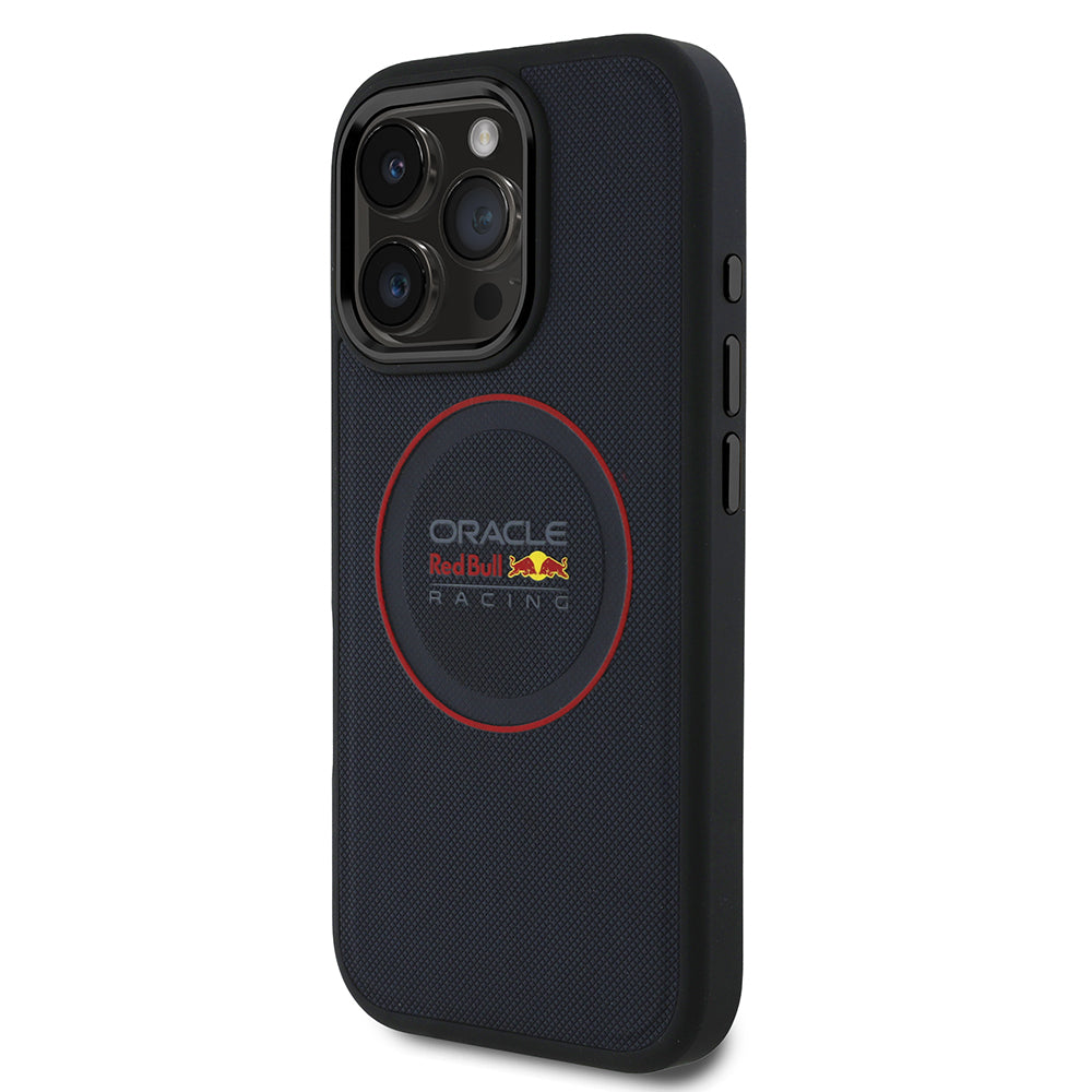 Apple iPhone 16 Pro Kılıf Redbull Orjinal Lisanslı M-safe Şarj Özellikli Kırmızı Halka ve Logo Kabartmalı PU Deri Kapak Lacivert