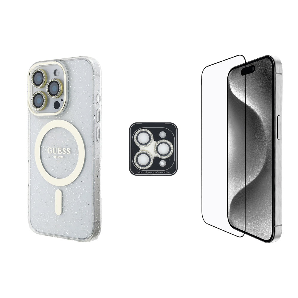 Apple iPhone 16 Pro Max Guess Orjinal Lisanslı 3'lü Aksesuar Seti IML Baskılı Simli Glitter Kılıf + Ekran Koruyucu + Lens Koruyucu