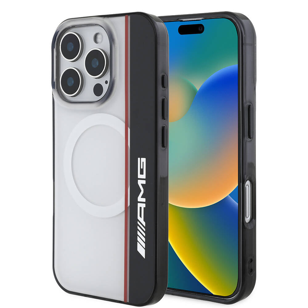 iPhone 16 Pro Max Kılıf AMG Orjinal Lisanslı Magsafe Şarj Özellikli IML Baskı Logolu Çift Katmanlı Bow Lines Kılıf Siyah