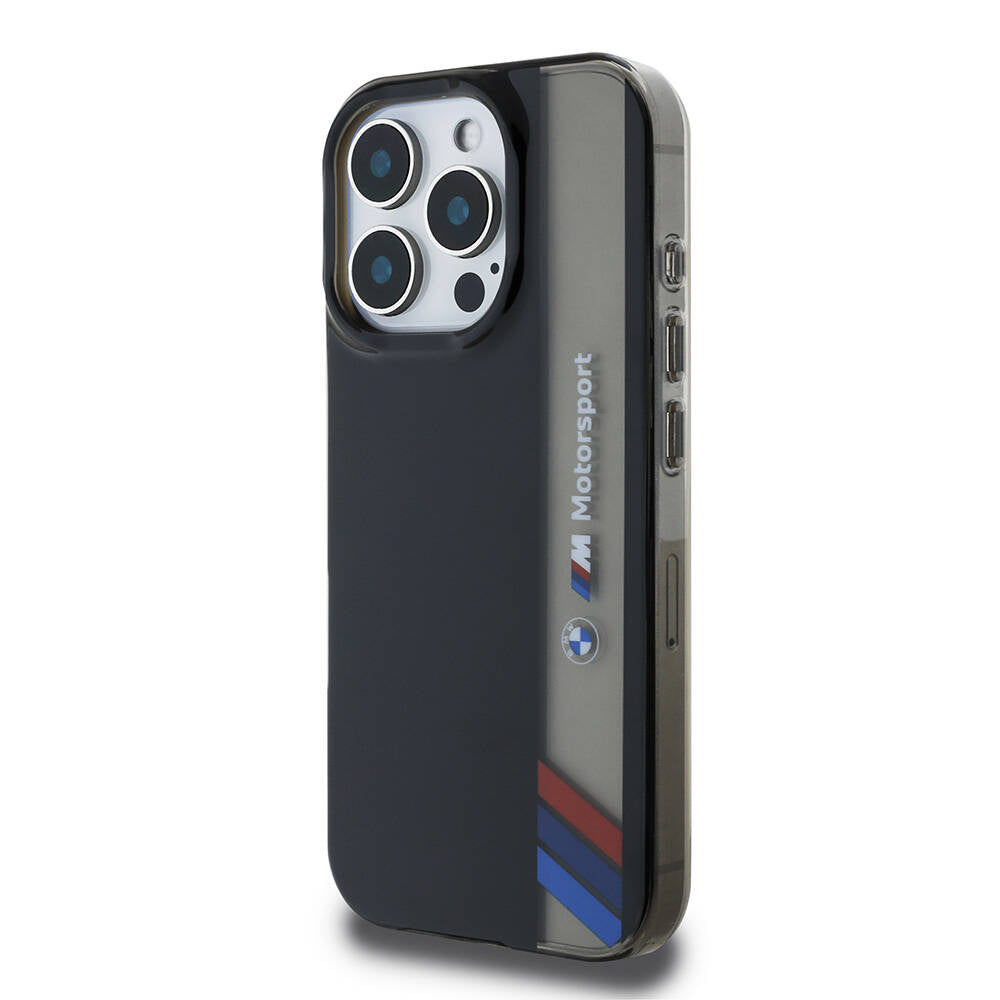 iPhone 16 Pro Max Kılıf BMW Orjinal Lisanslı M Logolu Üç Renk Çizgili Motorsport Vertical Stripe Kılıf Siyah