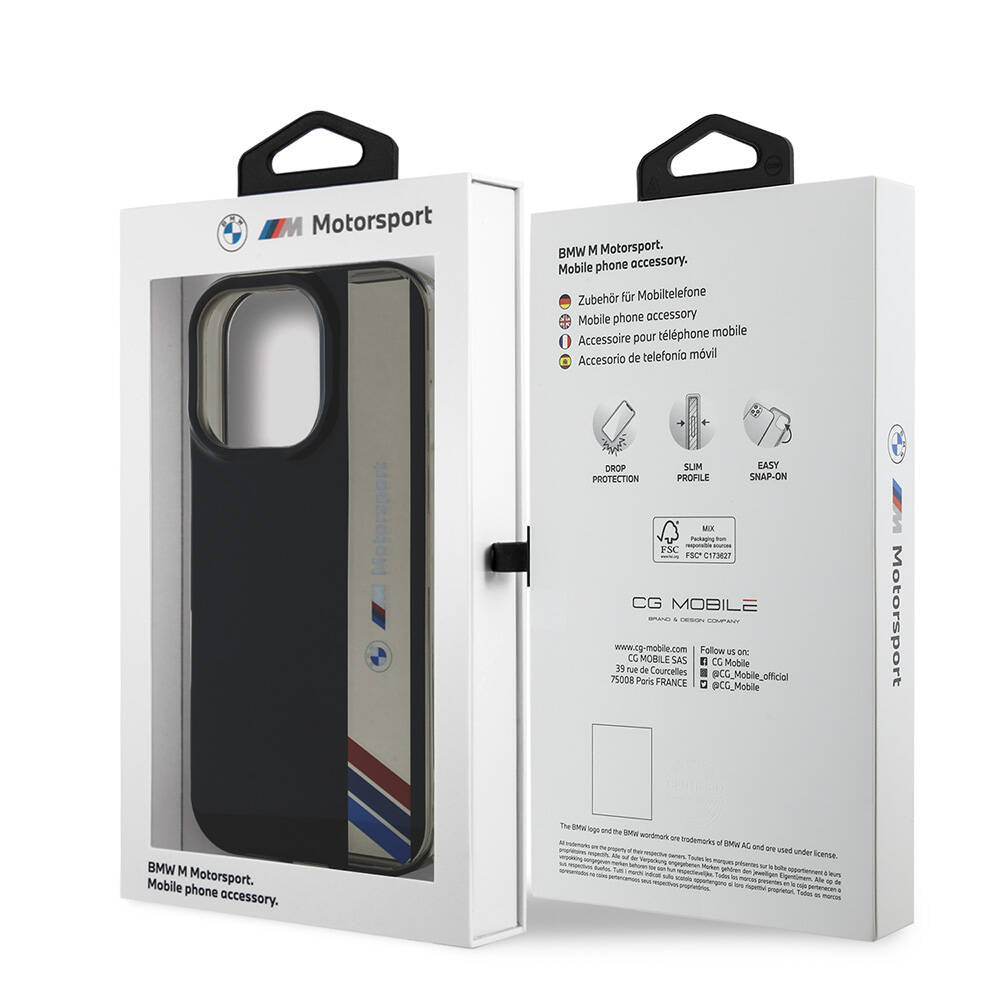iPhone 16 Pro Max Kılıf BMW Orjinal Lisanslı M Logolu Üç Renk Çizgili Motorsport Vertical Stripe Kılıf Siyah
