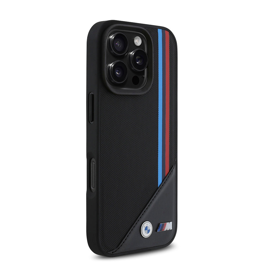iPhone 16 Pro Max Kılıf BMW Orjinal Lisanslı Magsafe Şarj Özellikli M Logolu Üç Çizgili Dikiş Detaylı Meshed Tricolor Stripes Kılıf Siyah
