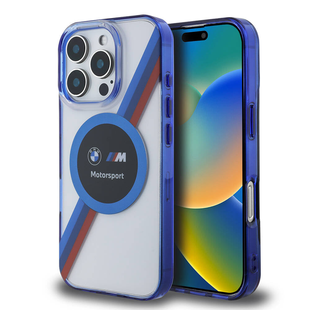 iPhone 16 Pro Max Kılıf BMW Orjinal Lisanslı Magsafe Şarj Özellikli M Logolu Üç Renk Çizgili Motorsport Circle Kılıf Lacivert