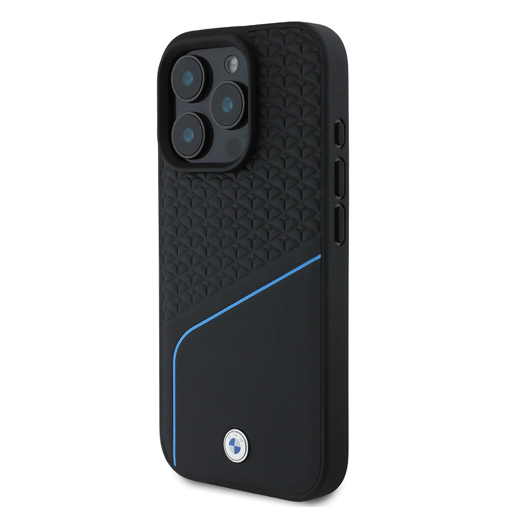 iPhone 16 Pro Max Kılıf BMW Orjinal Lisanslı Magsafe Şarj Özellikli Metal Logolu Dokulu ve Çizgili Deri Kılıf Siyah