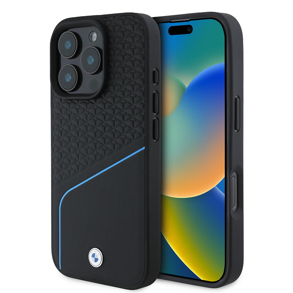 iPhone 16 Pro Max Kılıf BMW Orjinal Lisanslı Magsafe Şarj Özellikli Metal Logolu Dokulu ve Çizgili Deri Kılıf Siyah