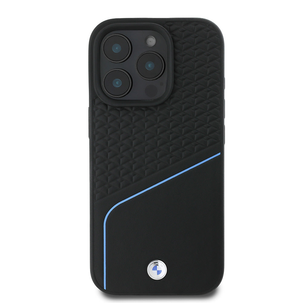 iPhone 16 Pro Max Kılıf BMW Orjinal Lisanslı Magsafe Şarj Özellikli Metal Logolu Dokulu ve Çizgili Deri Kılıf Siyah