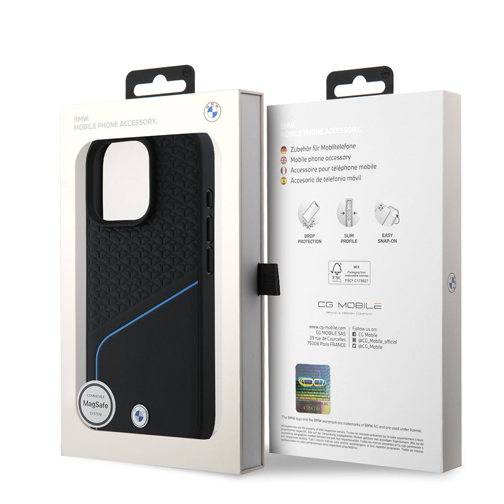 iPhone 16 Pro Max Kılıf BMW Orjinal Lisanslı Magsafe Şarj Özellikli Metal Logolu Dokulu ve Çizgili Deri Kılıf Siyah