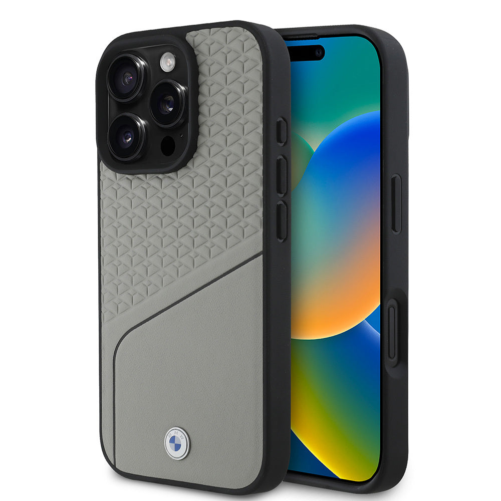 iPhone 16 Pro Max Kılıf BMW Orjinal Lisanslı Magsafe Şarj Özellikli Metal Logolu Dokulu ve Çizgili Deri Kılıf Gri