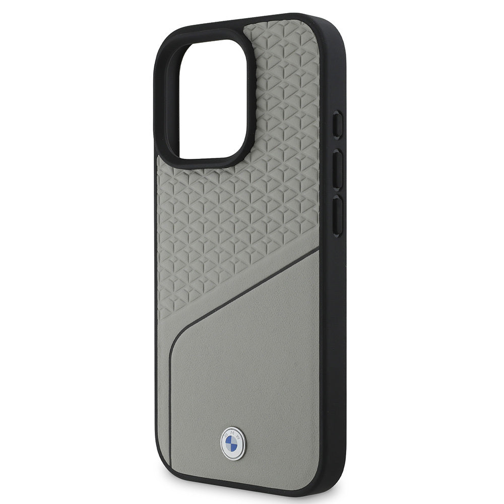 iPhone 16 Pro Max Kılıf BMW Orjinal Lisanslı Magsafe Şarj Özellikli Metal Logolu Dokulu ve Çizgili Deri Kılıf Gri