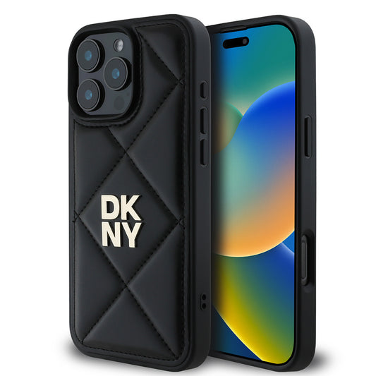 iPhone 16 Pro Max Kılıf DKNY Orjinal Lisanslı Kapitone Tasarımlı Metal Logolu Deri Kılıf Siyah