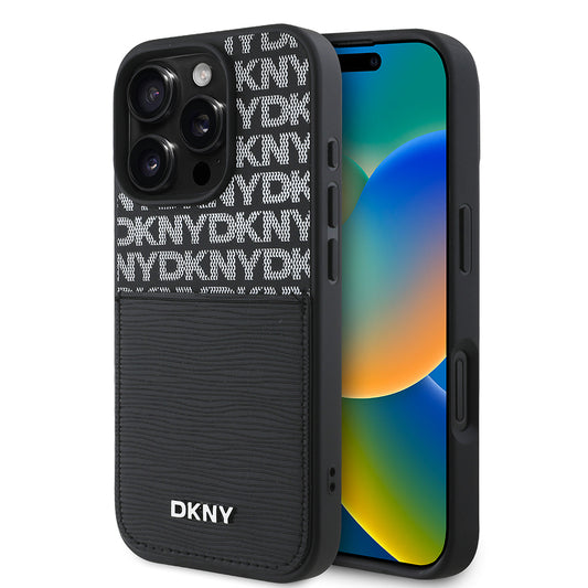 iPhone 16 Pro Max Kılıf DKNY Orjinal Lisanslı Kartlıklı 3D Yazılı Repeat Texture Pattern Kılıf Siyah