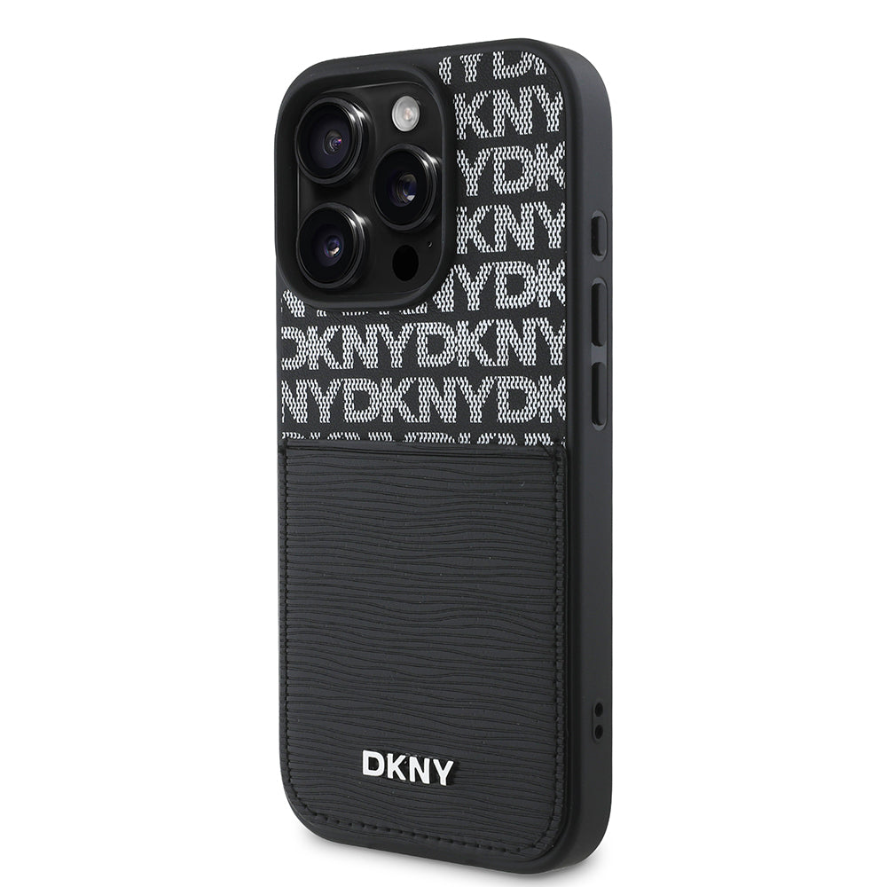 iPhone 16 Pro Max Kılıf DKNY Orjinal Lisanslı Kartlıklı 3D Yazılı Repeat Texture Pattern Kılıf Siyah