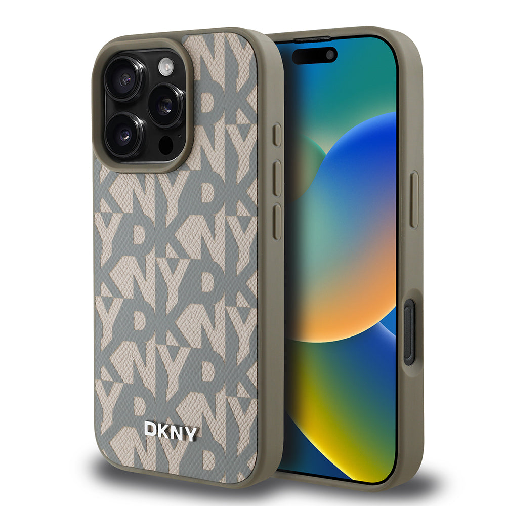 Apple iPhone 16 Pro Max Kılıf DKNY Orjinal Lisanslı M-safe Şarj Özellikli 3D Yazılı Grid Pattern Kapak