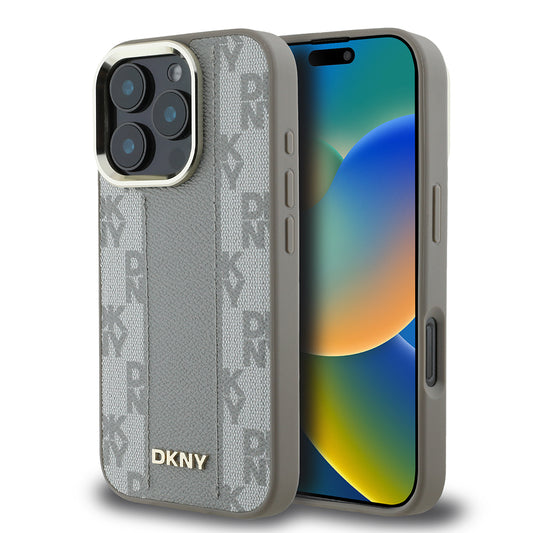 iPhone 16 Pro Max Kılıf DKNY Orjinal Lisanslı Magsafe Şarj Özellikli 3D Yazılı Checkered Pattern Kılıf Bej