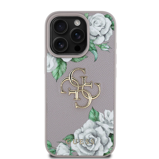 Apple iPhone 16 Pro Max Kılıf Guess Orjinal Lisanslı Gül Baskılı Büyük Metal Logo Dizaynlı Kapak Mor