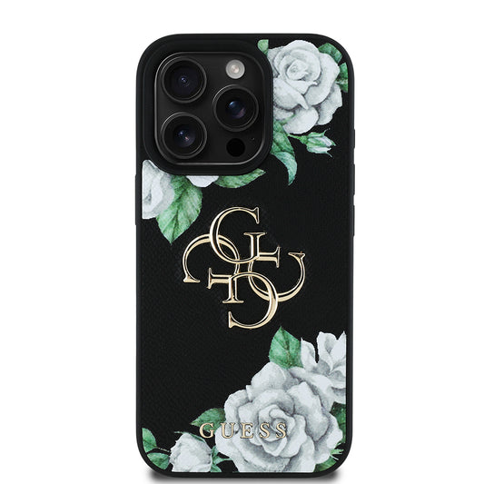 Apple iPhone 16 Pro Max Kılıf Guess Orjinal Lisanslı Gül Baskılı Büyük Metal Logo Dizaynlı Kapak Siyah