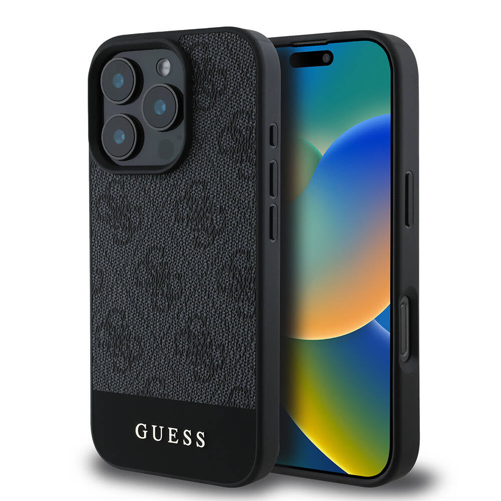 Apple iPhone 16 Pro Max Kılıf Guess Orjinal Lisanslı M-safe Şarj Özellikli PU Deri Şerit Logo Dizaynlı Kapak