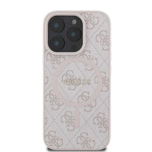 Apple iPhone 16 Pro Max Kılıf Guess Orjinal Lisanslı M-safe Şarj Özellikli PU Halkalı 4G Desenli Yazı Logolu Kapak Pembe