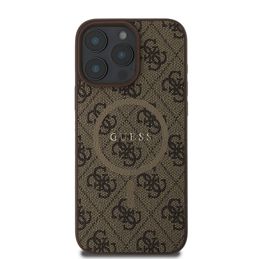 Apple iPhone 16 Pro Max Kılıf Guess Orjinal Lisanslı M-safe Şarj Özellikli PU Halkalı 4G Desenli Yazı Logolu Kapak Kahverengi