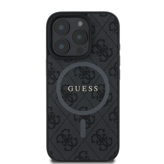Apple iPhone 16 Pro Max Kılıf Guess Orjinal Lisanslı M-safe Şarj Özellikli PU Halkalı 4G Desenli Yazı Logolu Kapak Siyah