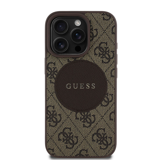 Apple iPhone 16 Pro Max Kılıf Guess Orjinal Lisanslı M-safe Şarj Özellikli Yazı Logolu Circle Classic Kapak Kahverengi