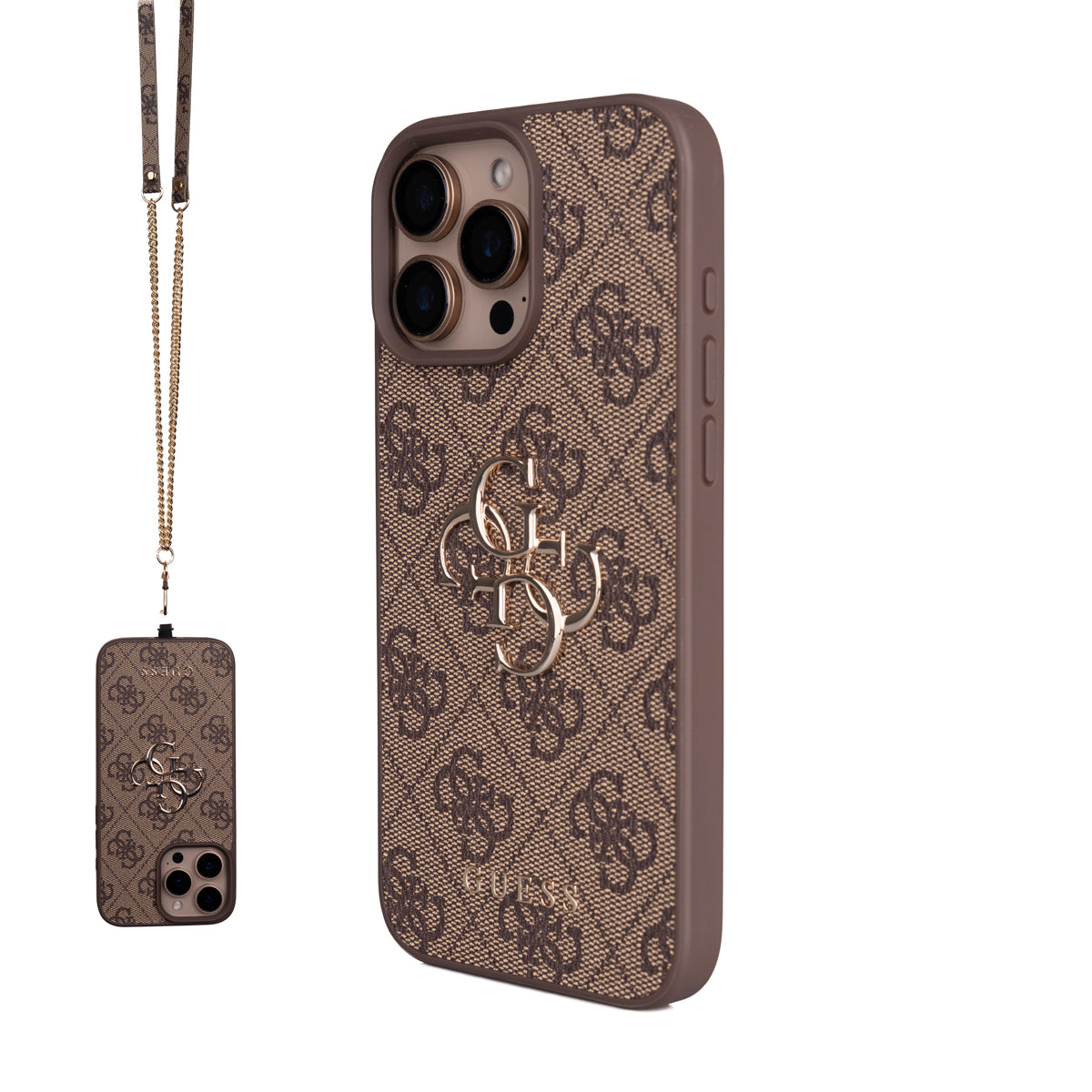 Apple iPhone 16 Pro Max Kılıf Guess Orjinal Lisanslı PU Deri 4G Büyük Metal Logolu Çapraz Vücut Askılı Kapak Kahverengi