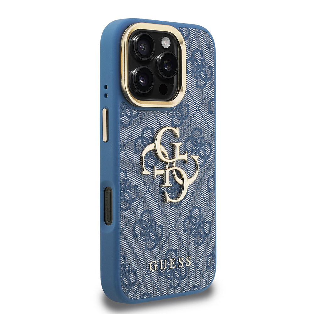 Apple iPhone 16 Pro Max Kılıf Guess Orjinal Lisanslı PU Deri 4G Desenli Metal Büyük 4G ve Yazı Logolu Kamera Standlı Kapak Mavi