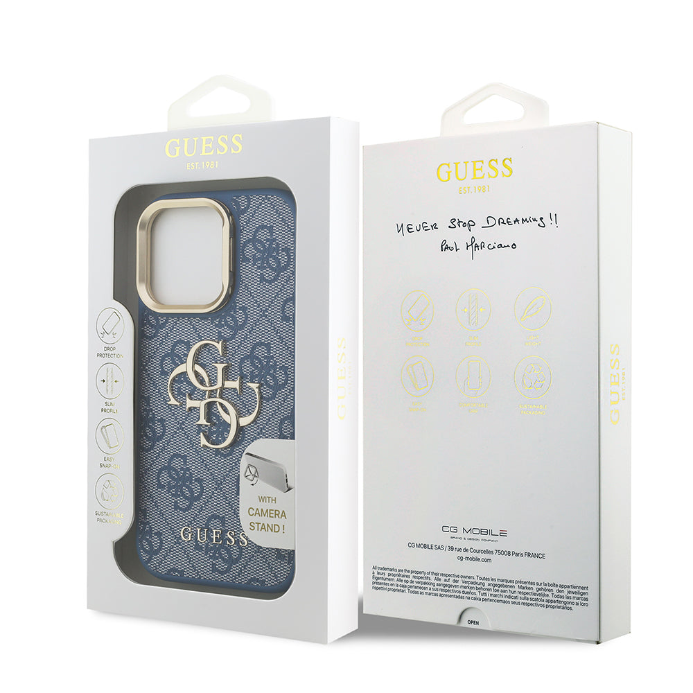 Apple iPhone 16 Pro Max Kılıf Guess Orjinal Lisanslı PU Deri 4G Desenli Metal Büyük 4G ve Yazı Logolu Kamera Standlı Kapak Siyah