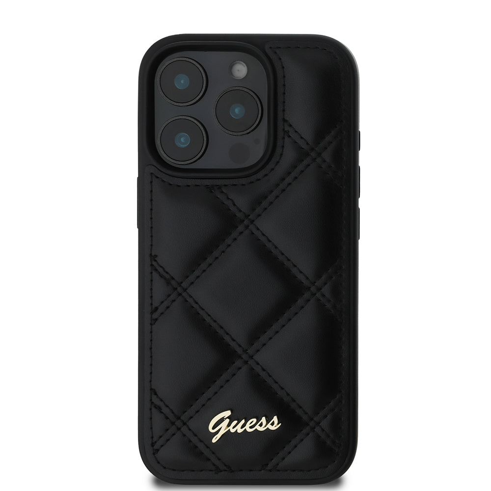 Apple iPhone 16 Pro Max Kılıf Guess Orjinal Lisanslı PU Deri Metal Yazı Logolu Kapitone Kapak Siyah