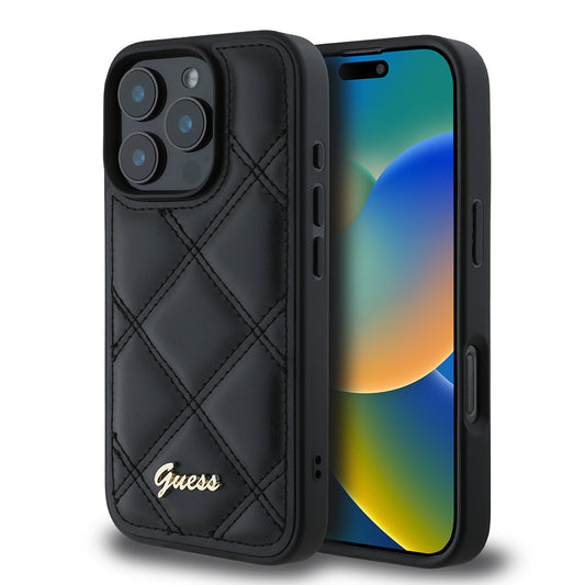 Apple iPhone 16 Pro Max Kılıf Guess Orjinal Lisanslı PU Deri Metal Yazı Logolu Kapitone Kapak Siyah