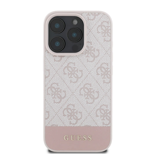 Apple iPhone 16 Pro Max Kılıf Guess Orjinal Lisanslı PU Deri Şerit Logo Dizaynlı Kapak Pembe