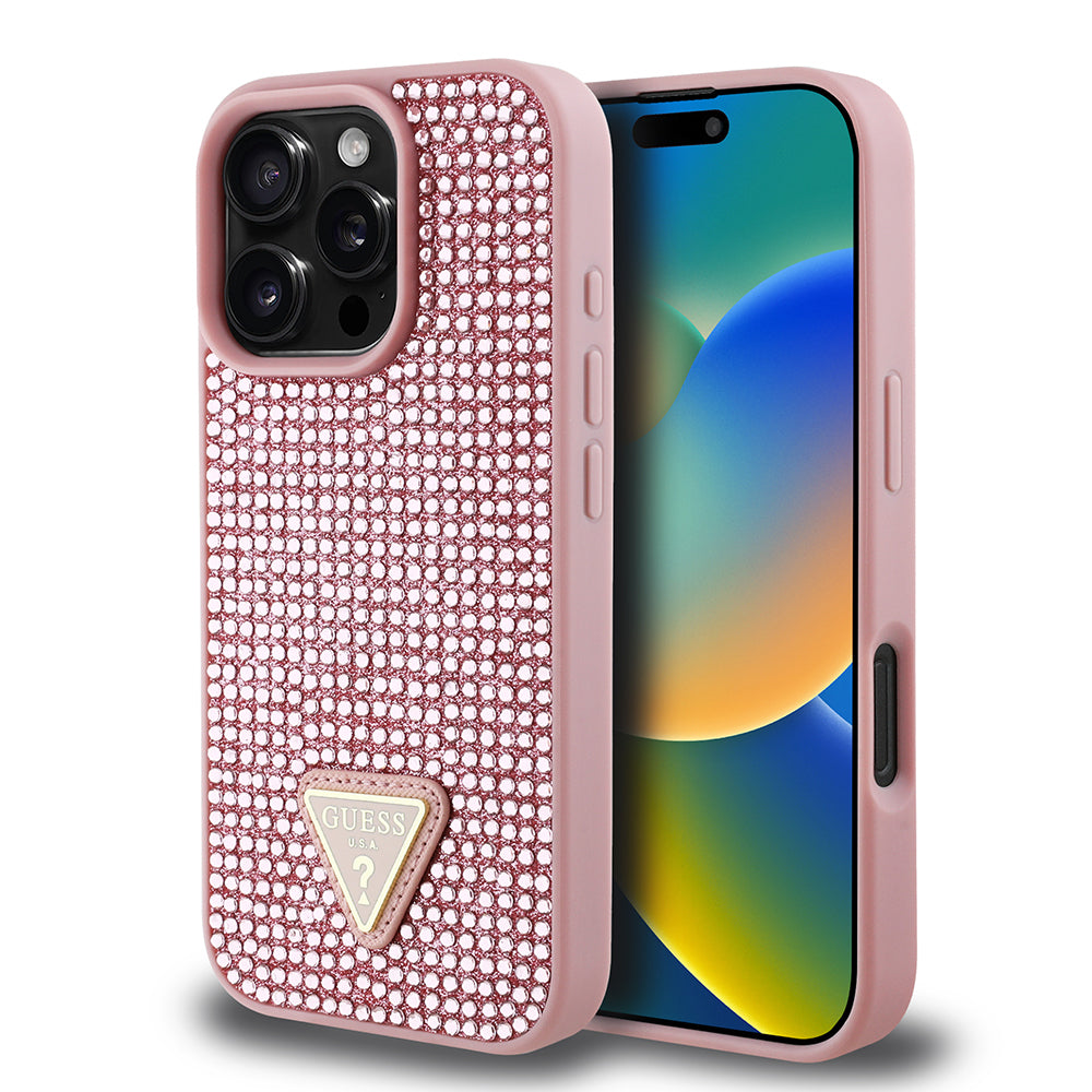 Apple iPhone 16 Pro Max Kılıf Guess Orjinal Lisanslı Taşlı Arka Yüzey Üçgen Logolu Kapak