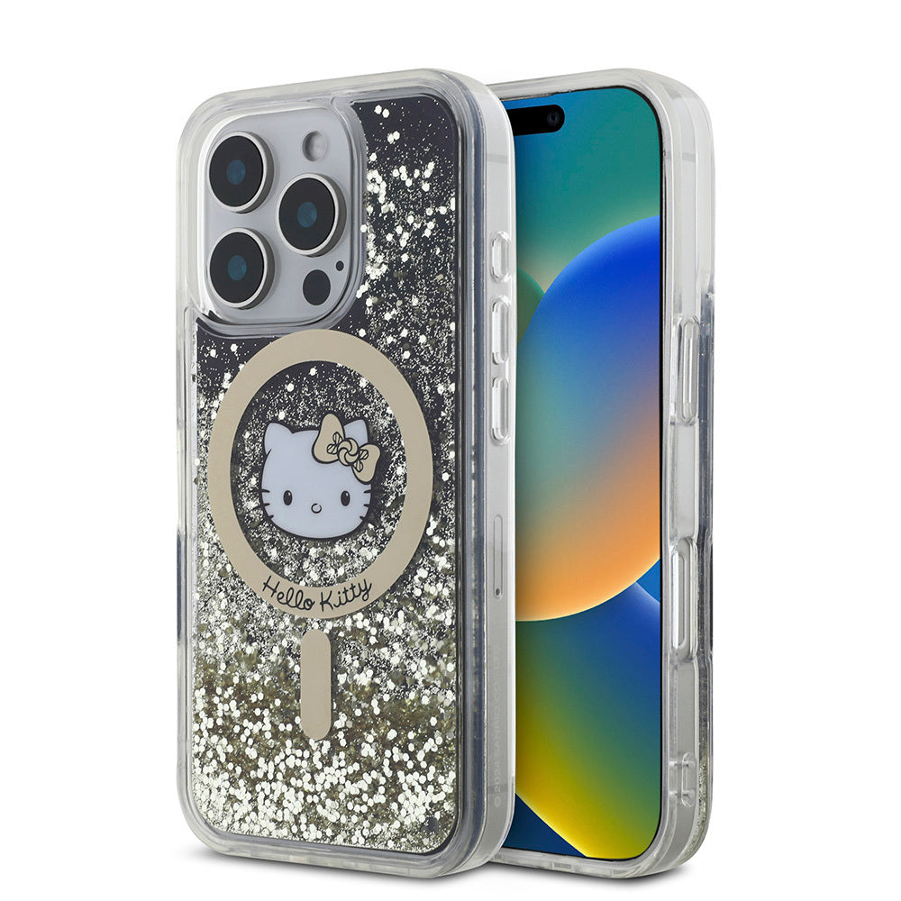 iPhone 16 Pro Max Kılıf Hello Kitty Orjinal Lisanslı Magsafe Şarj Özellikli IML Baskı Kitty Head Logolu Sıvılı Simli Altın Ateşi Kılıf Siyah