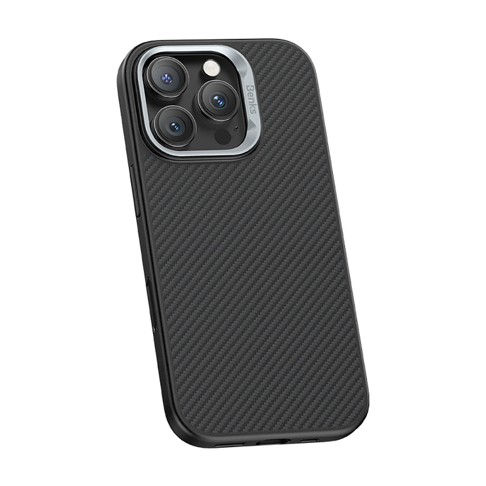 Apple iPhone 16 Pro Max Kılıf Karbon Fiber M-safe Şarj Özellikli Kamera Kontrol Butonlu Benks Hybrid ArmorPro 600D Kevlar Kapak Siyah