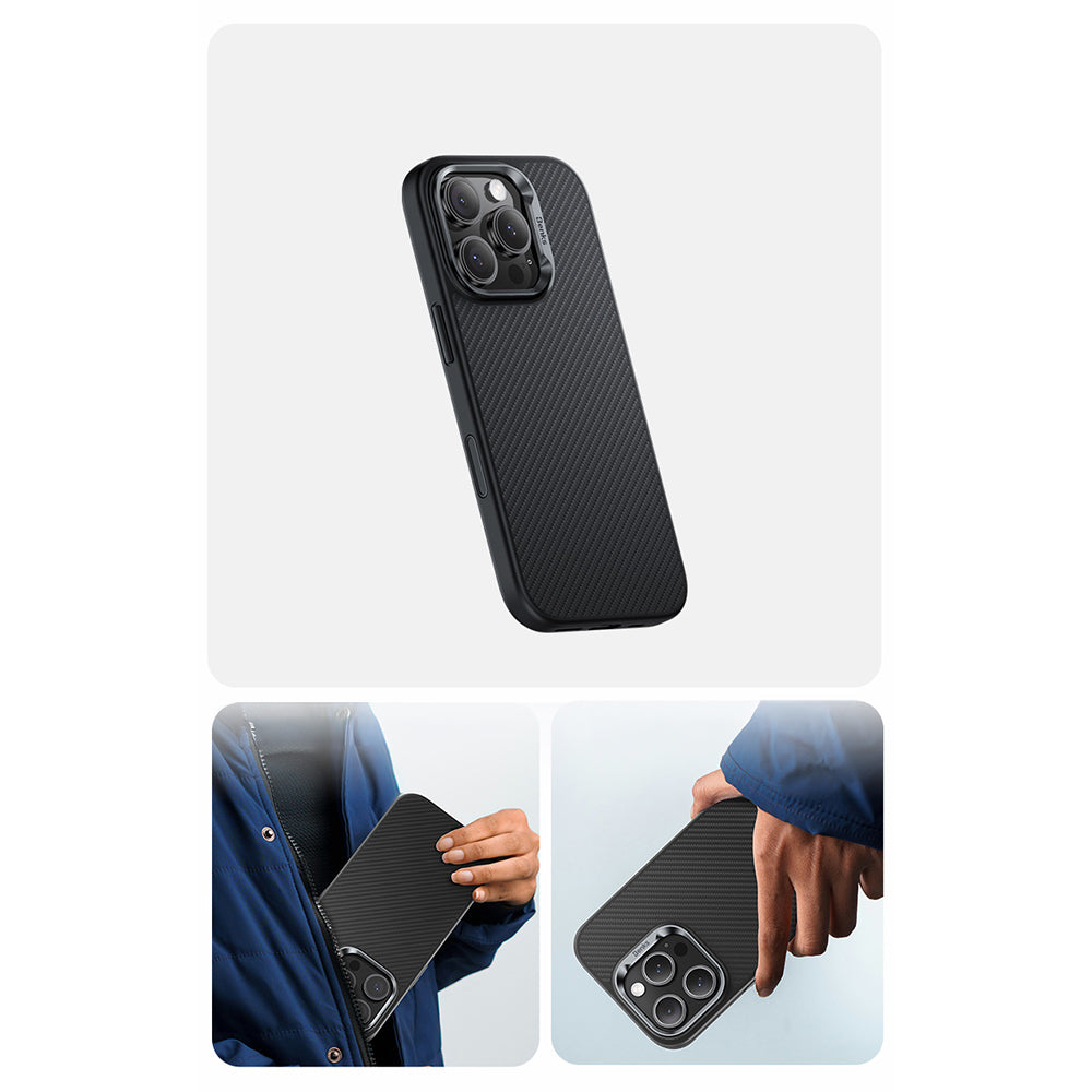 Apple iPhone 16 Pro Max Kılıf Karbon Fiber M-safe Şarj Özellikli Kamera Kontrol Butonlu Benks Hybrid ArmorPro 600D Kevlar Kapak Siyah