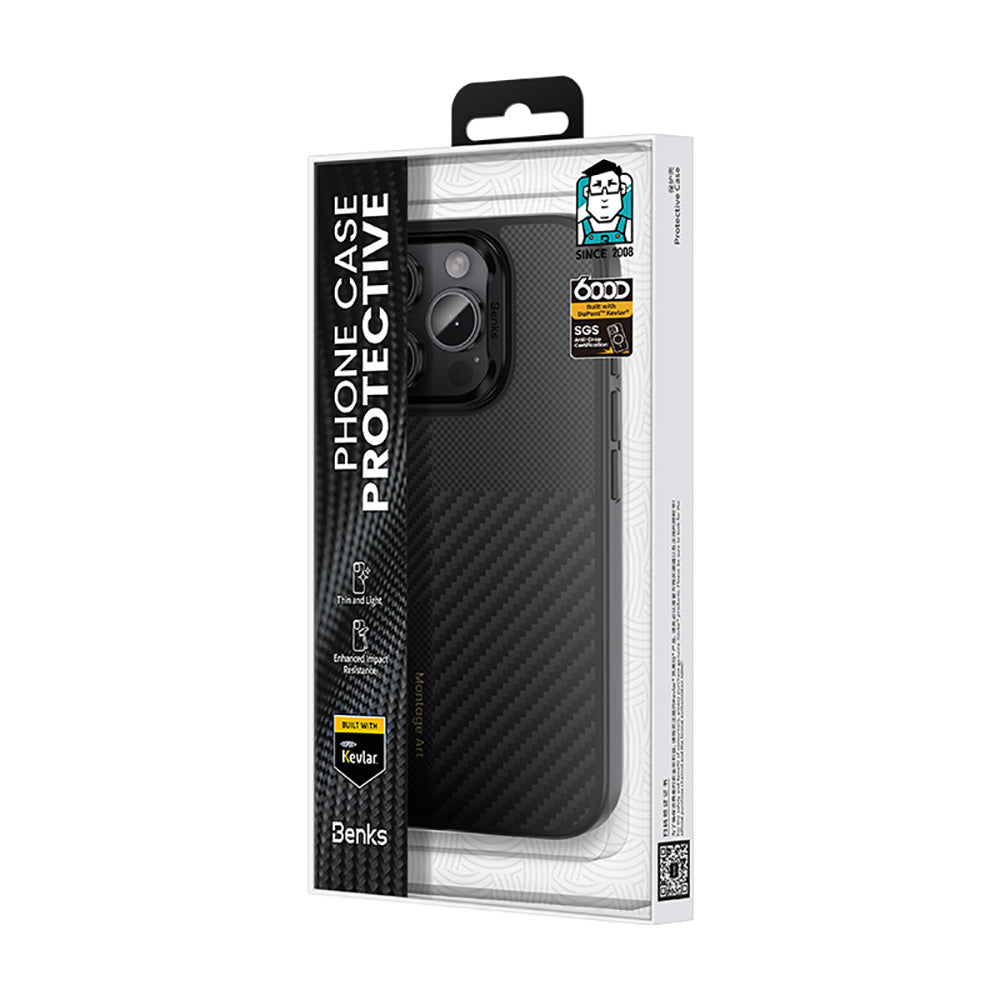 Apple iPhone 16 Pro Max Kılıf Karbon Fiber M-safe Şarj Özellikli Kamera Kontrol Butonlu Benks Hybrid ArmorPro Montage Kevlar Kapak Siyah